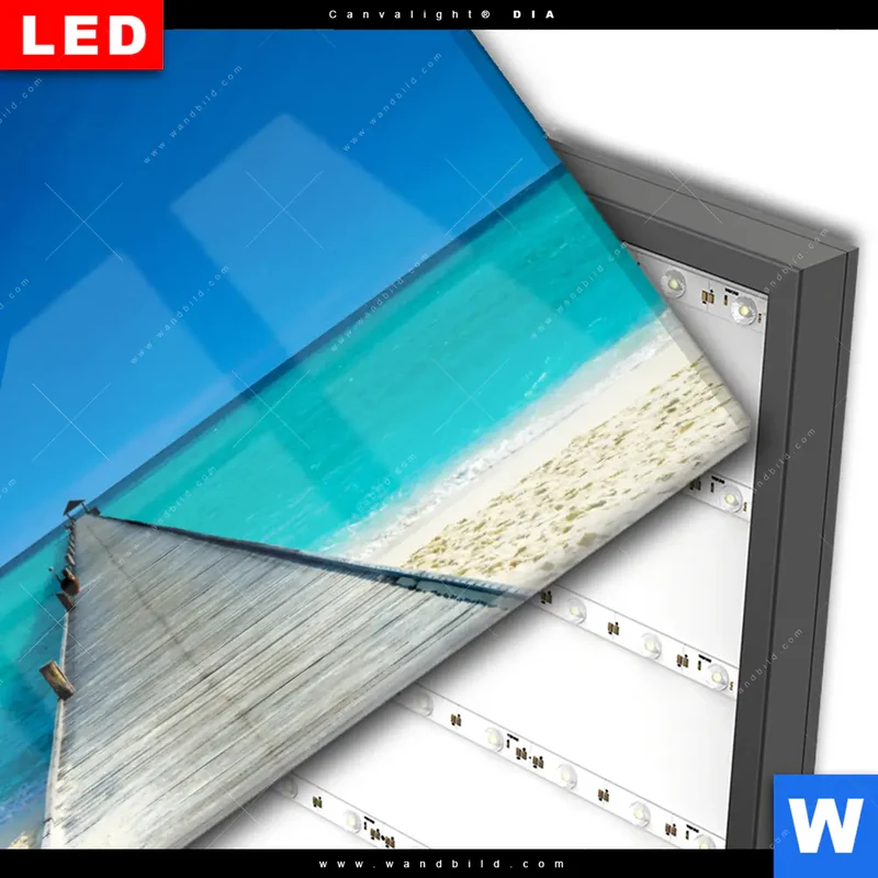 Wechselmotiv Acrylglas Canvalight® DIA | Steg ins endlose Blau | Querformat