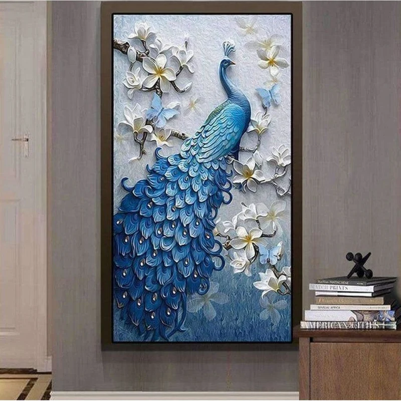 Pfau Blau mit Blumen XL | Großformat