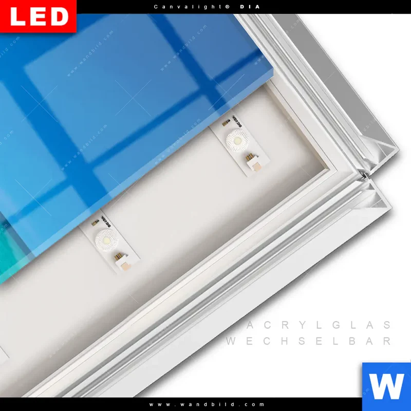 Leuchtbild Acrylglas Canvalight® DIA | Steg ins endlose Blau | Hochformat