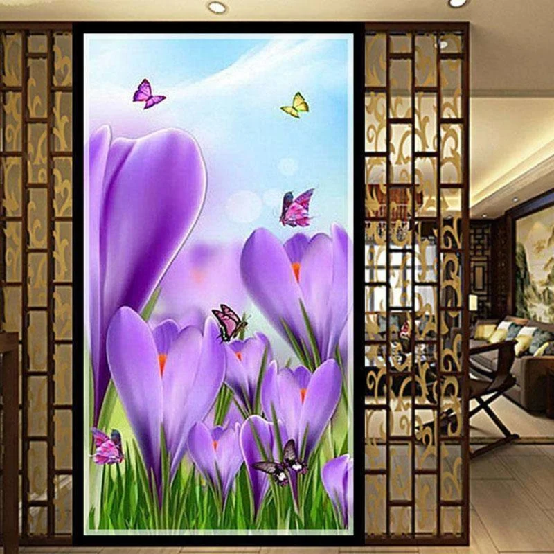 Violette Blumen Schmetterlinge | Großformat