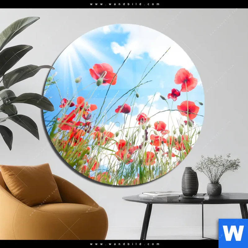 Acrylglasbild | Mohnblüten unter sommerlichem Himmel | Rund