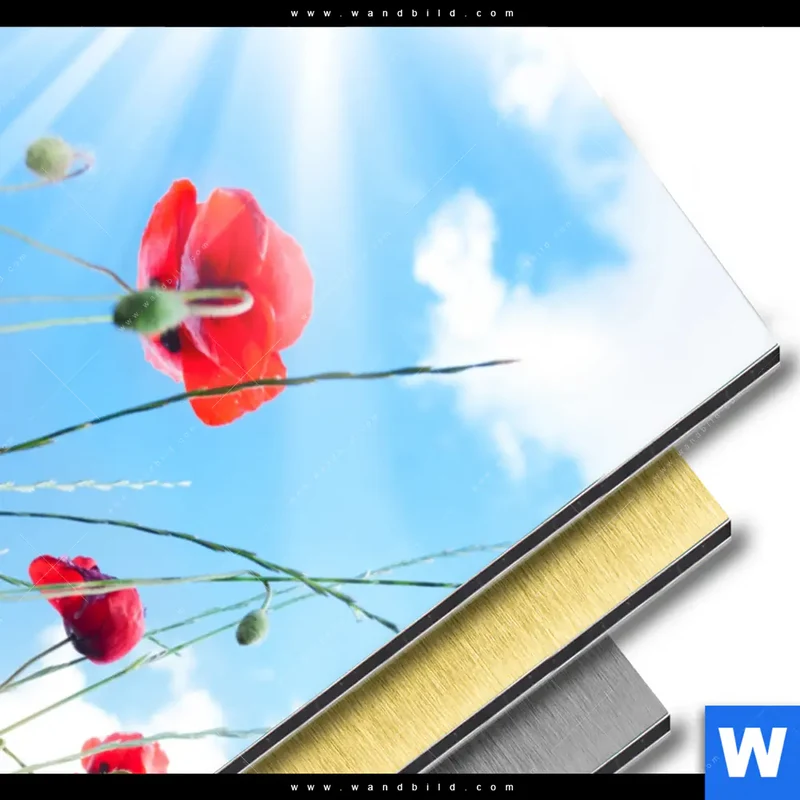 Aluminiumbild gebürstet | Mohnblüten unter sommerlichem Himmel | Hochformat