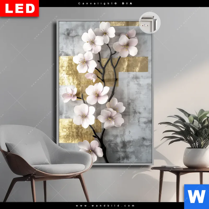 Leuchtbild Acrylglas Canvalight® DIA | Kirschblüten in goldener Harmonie | Hochformat