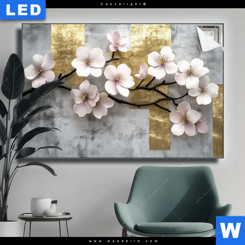 Canvalight® Leuchtbild | Kirschblüten in goldener Harmonie | Querformat
