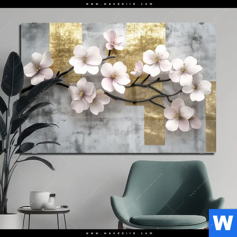 Acrylglasbild | Kirschblüten in goldener Harmonie | Querformat