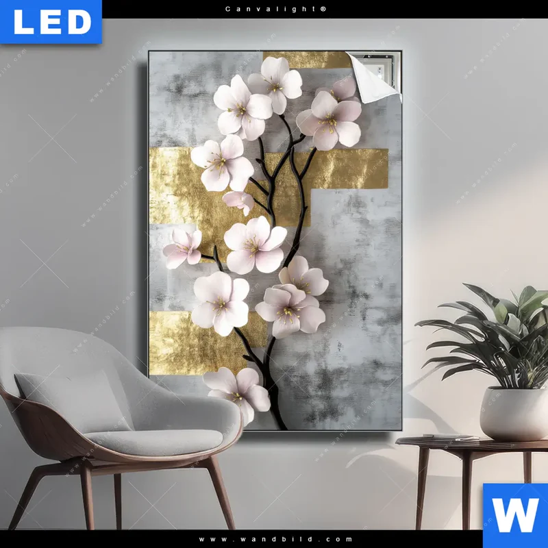 Canvalight® Leuchtbild | Kirschblüten in goldener Harmonie | Hochformat