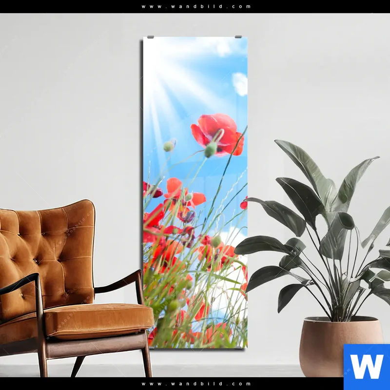 Acrylglasbild | Mohnblüten unter sommerlichem Himmel | Schmal