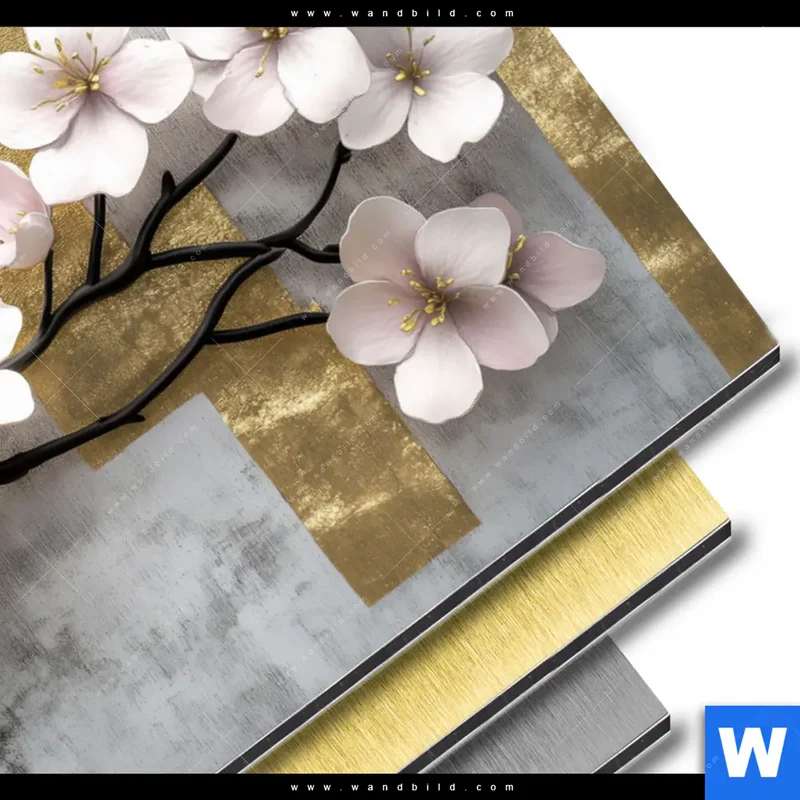 Aluminiumbild gebürstet | Kirschblüten in goldener Harmonie | Hochformat