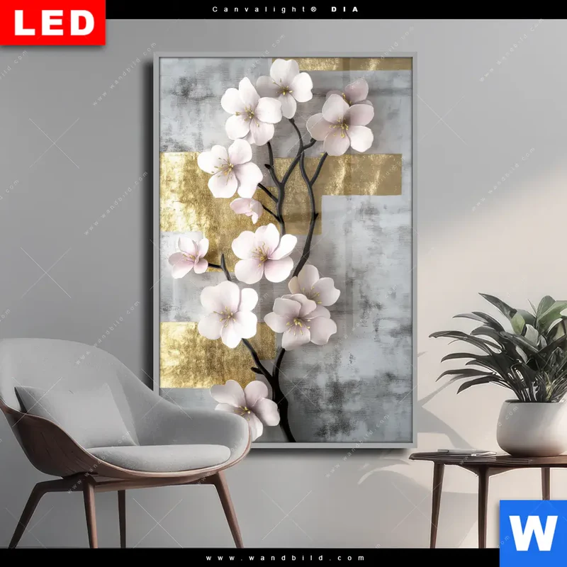 Wechselmotiv Acrylglas Canvalight® DIA | Kirschblüten in goldener Harmonie | Hochformat