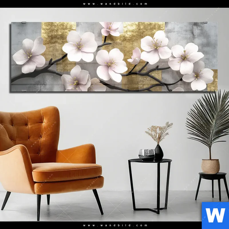 Acrylglasbild | Kirschblüten in goldener Harmonie | Panorama