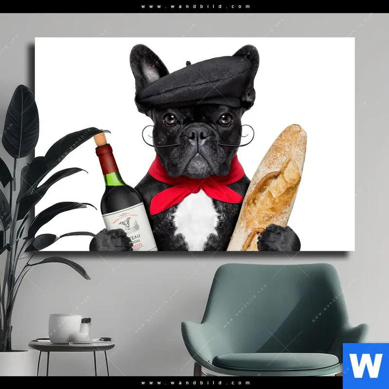 Leinwandbild | Französischer Bulldoggen-Charme mit Baguette & Wein | Querformat