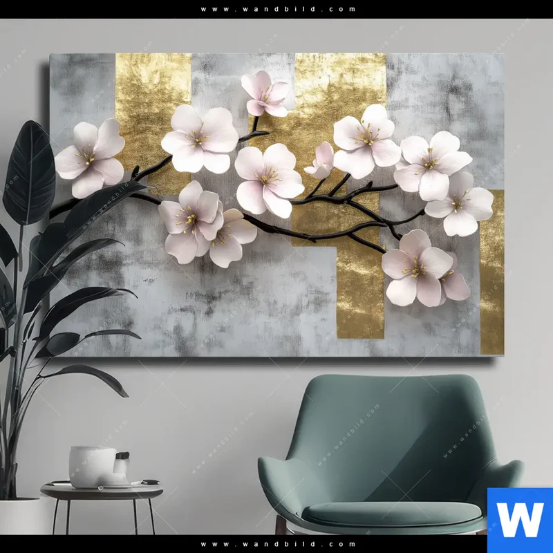 Leinwandbild | Kirschblüten in goldener Harmonie | Querformat