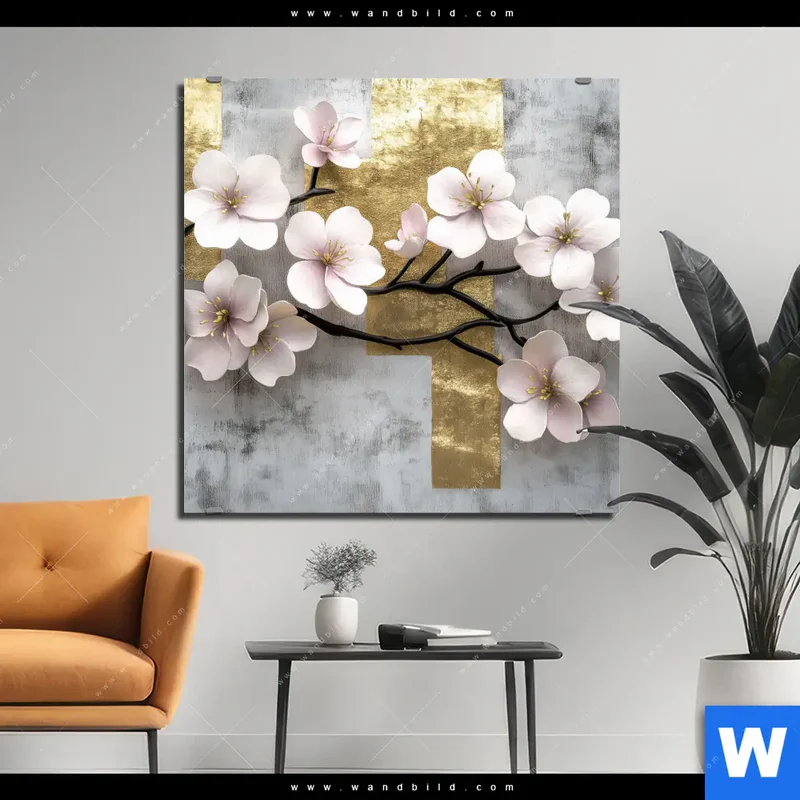 Aluminiumbild gebürstet | Kirschblüten in goldener Harmonie | Quadrat