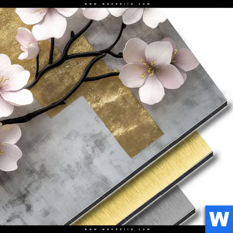 Aluminiumbild gebürstet | Kirschblüten in goldener Harmonie | Quadrat
