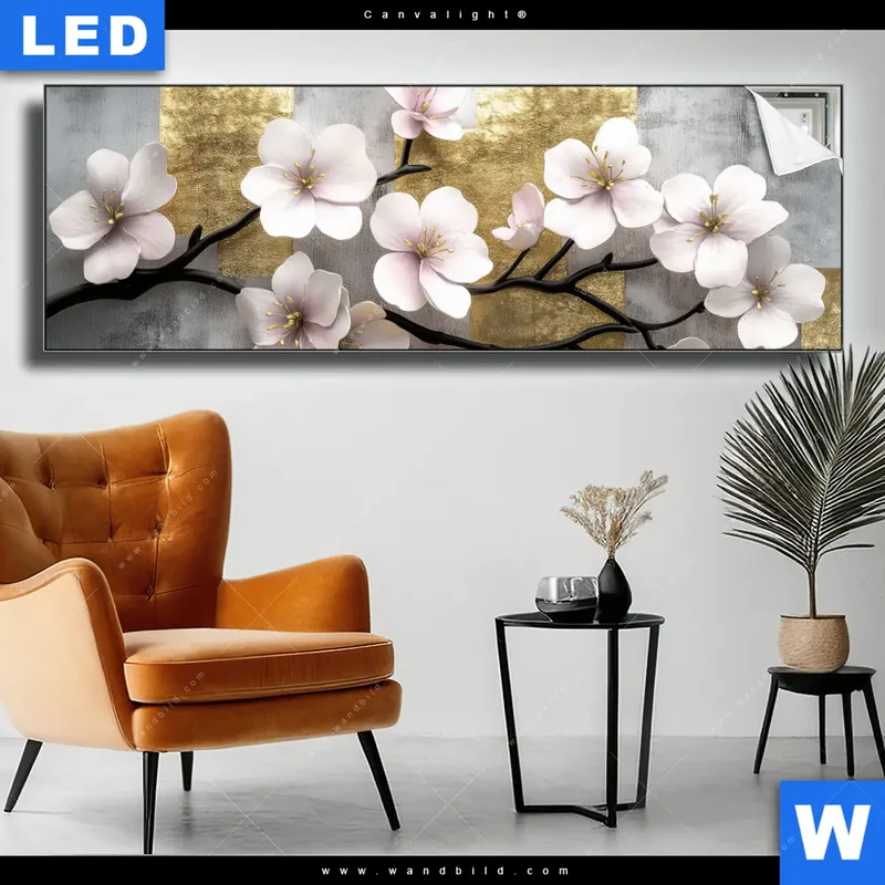 Canvalight® Leuchtbild | Kirschblüten in goldener Harmonie | Panorama