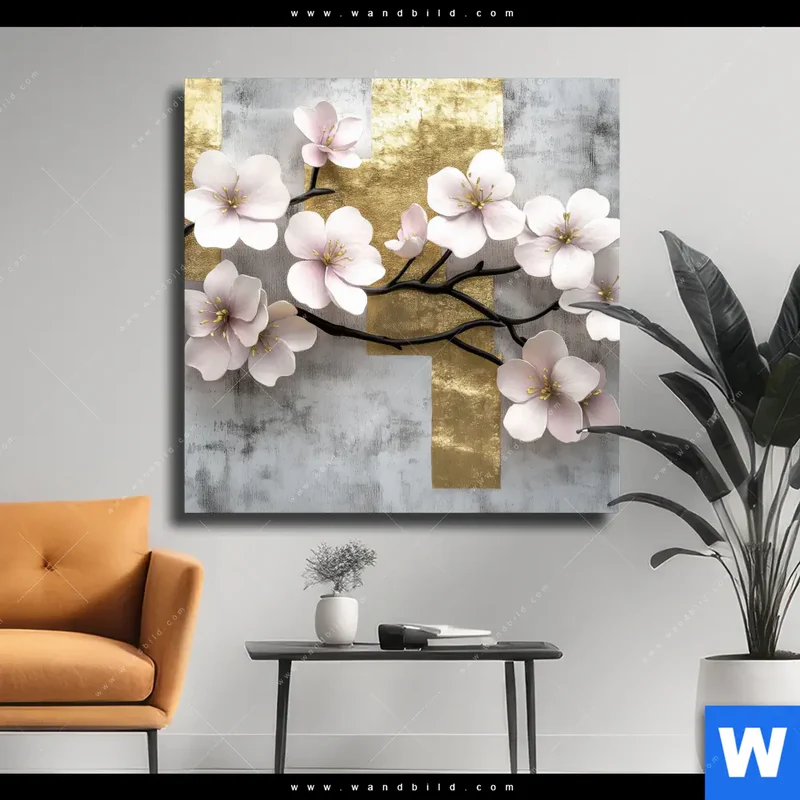 Leinwandbild | Kirschblüten in goldener Harmonie | Quadrat