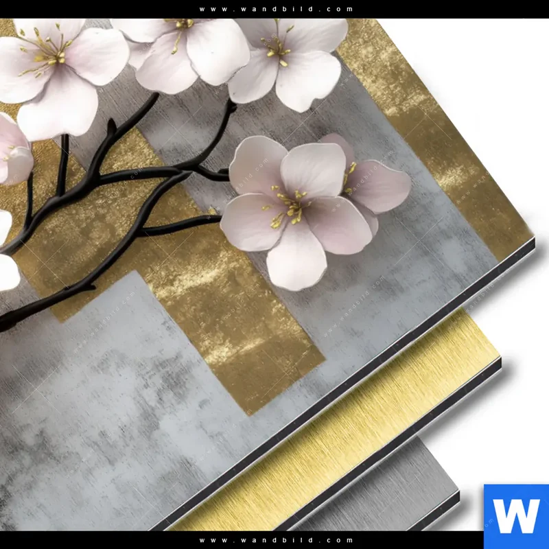 Aluminiumbild gebürstet | Kirschblüten in goldener Harmonie | Querformat