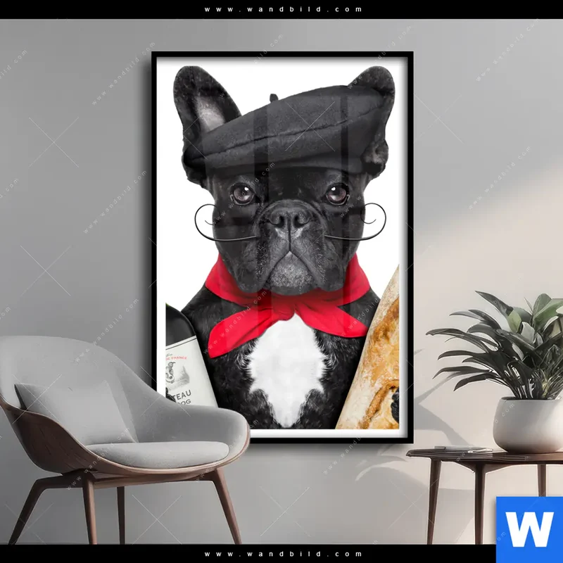 Poster | Französischer Bulldoggen-Charme mit Baguette & Wein | Hochformat