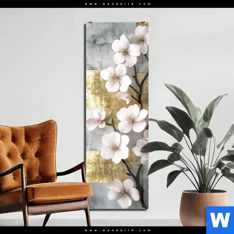 Acrylglasbild | Kirschblüten in goldener Harmonie | Schmal