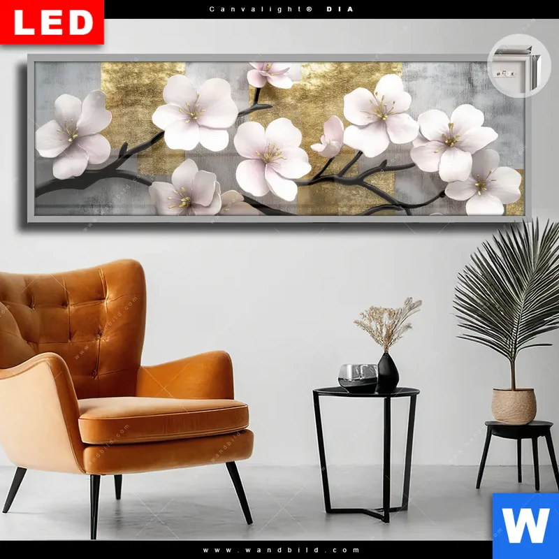 Leuchtbild Acrylglas Canvalight® DIA | Kirschblüten in goldener Harmonie | Panorama