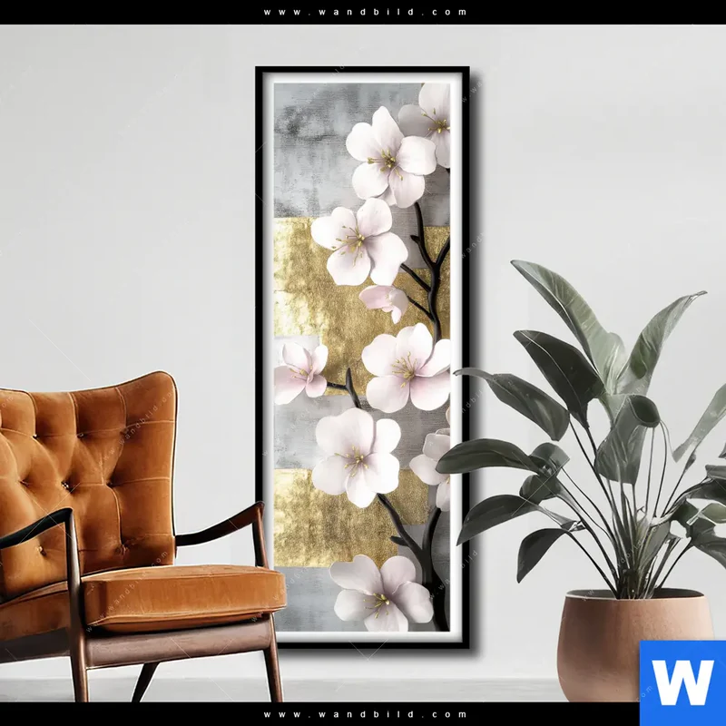 Poster | Kirschblüten in goldener Harmonie | Schmal