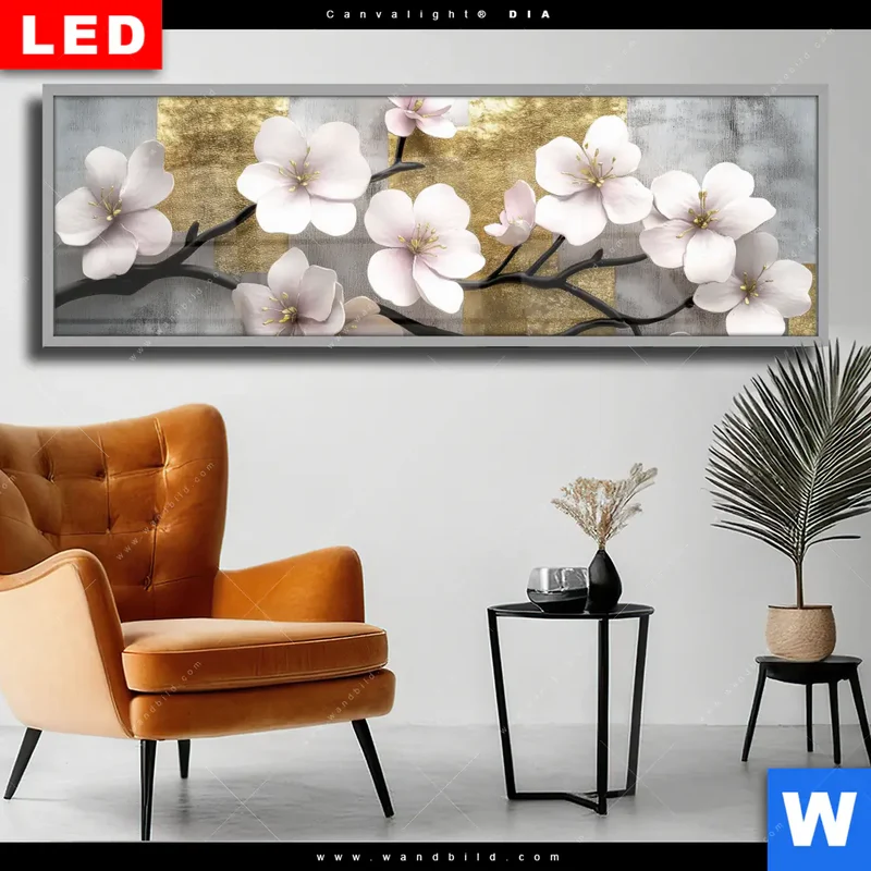 Wechselmotiv Acrylglas Canvalight® DIA | Kirschblüten in goldener Harmonie | Panorama