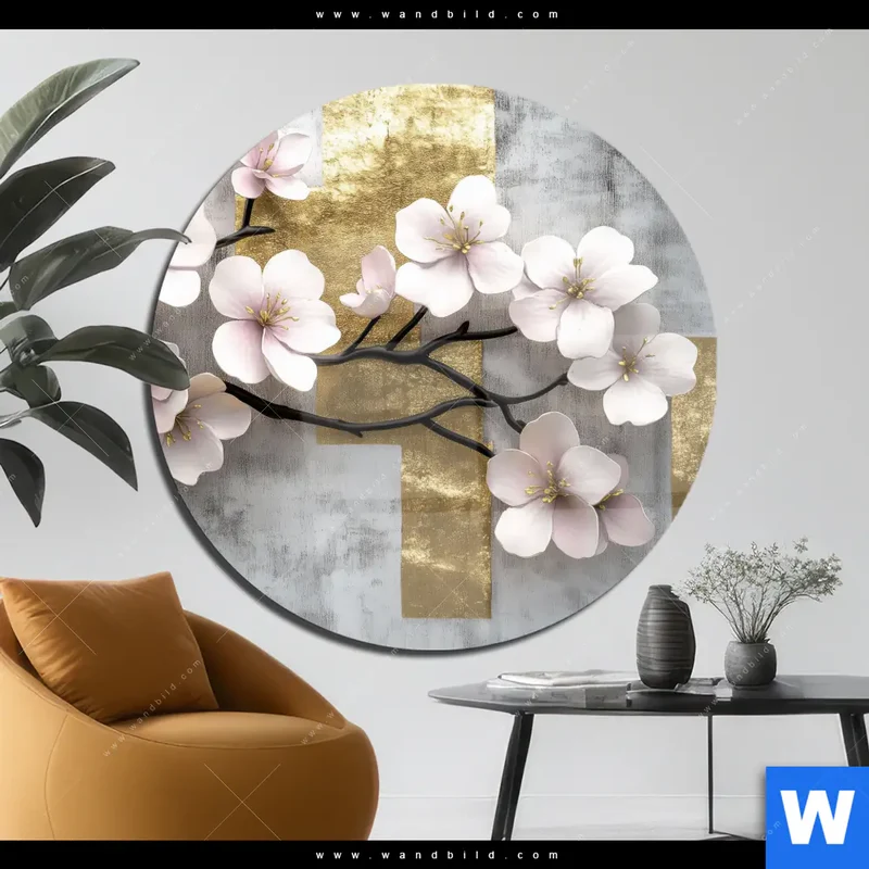 Acrylglasbild | Kirschblüten in goldener Harmonie | Rund