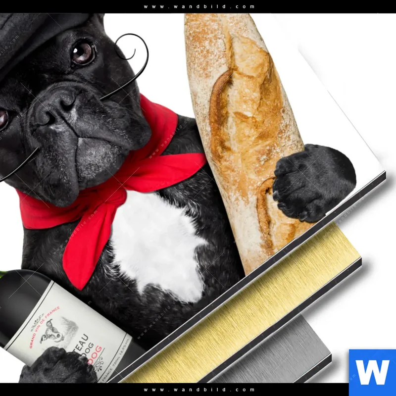 Aluminiumbild gebürstet | Französischer Bulldoggen-Charme mit Baguette & Wein | Rund