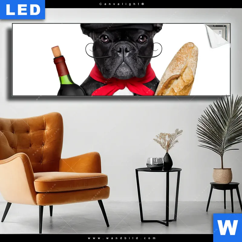 Canvalight® Leuchtbild | Französischer Bulldoggen-Charme mit Baguette & Wein | Panorama