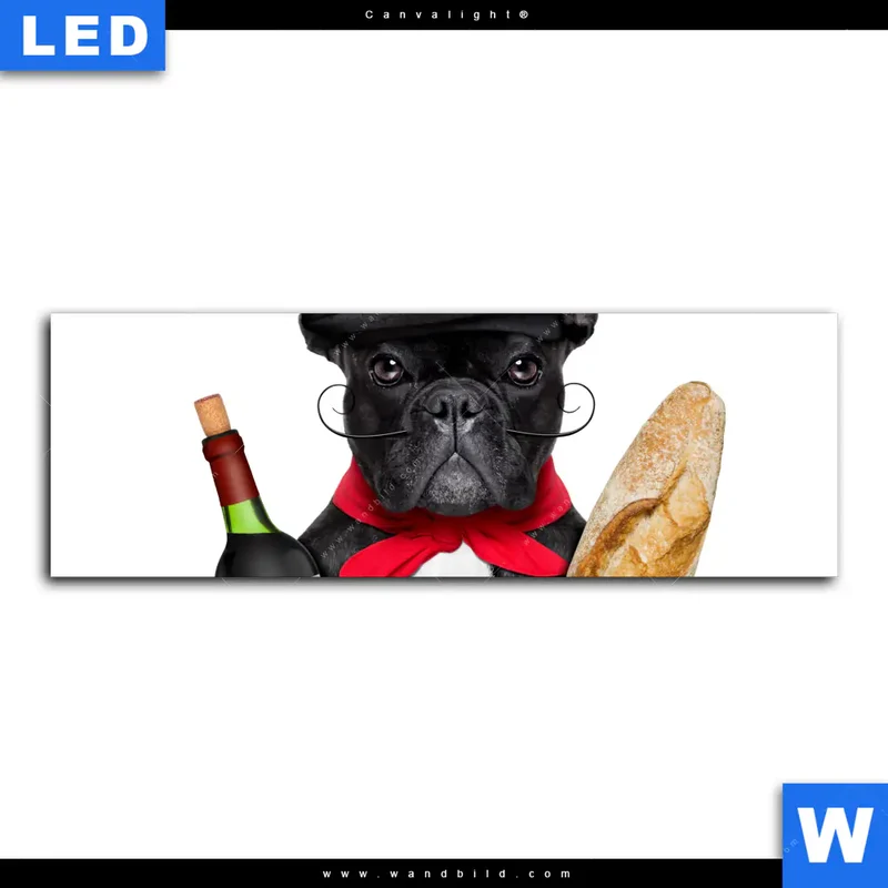 Canvalight® Leuchtbild | Französischer Bulldoggen-Charme mit Baguette & Wein | Panorama