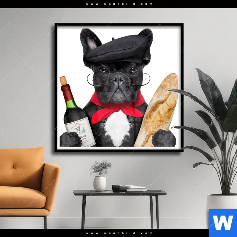 Poster | Französischer Bulldoggen-Charme mit Baguette & Wein | Quadrat