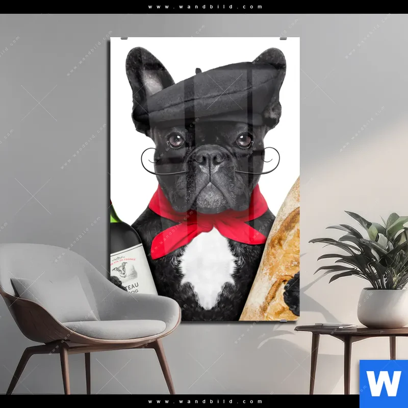 Acrylglasbild | Französischer Bulldoggen-Charme mit Baguette & Wein | Hochformat