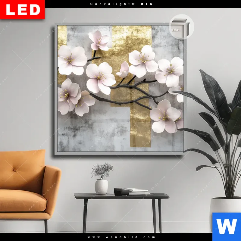 Leuchtbild Acrylglas Canvalight® DIA | Kirschblüten in goldener Harmonie | Quadrat