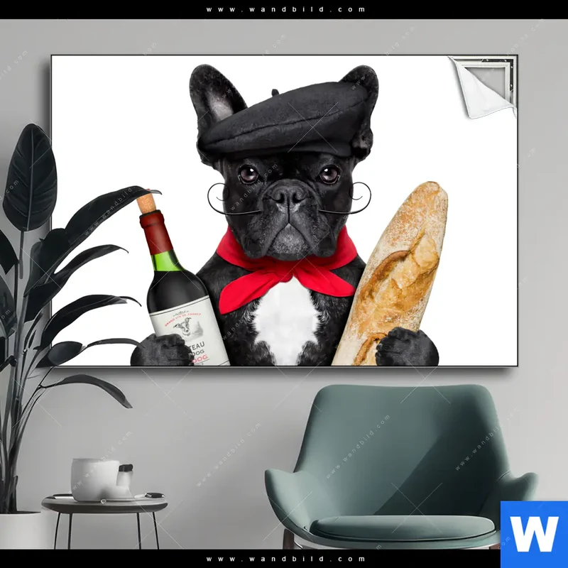 Spannbild | Französischer Bulldoggen-Charme mit Baguette & Wein | Querformat
