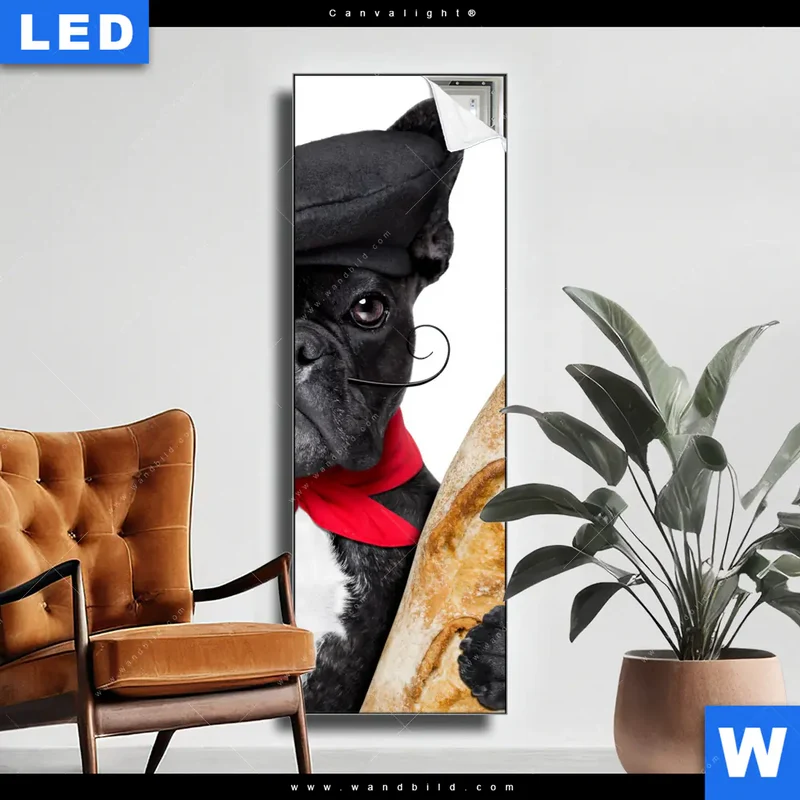 Canvalight® Leuchtbild | Französischer Bulldoggen-Charme mit Baguette & Wein | Schmal