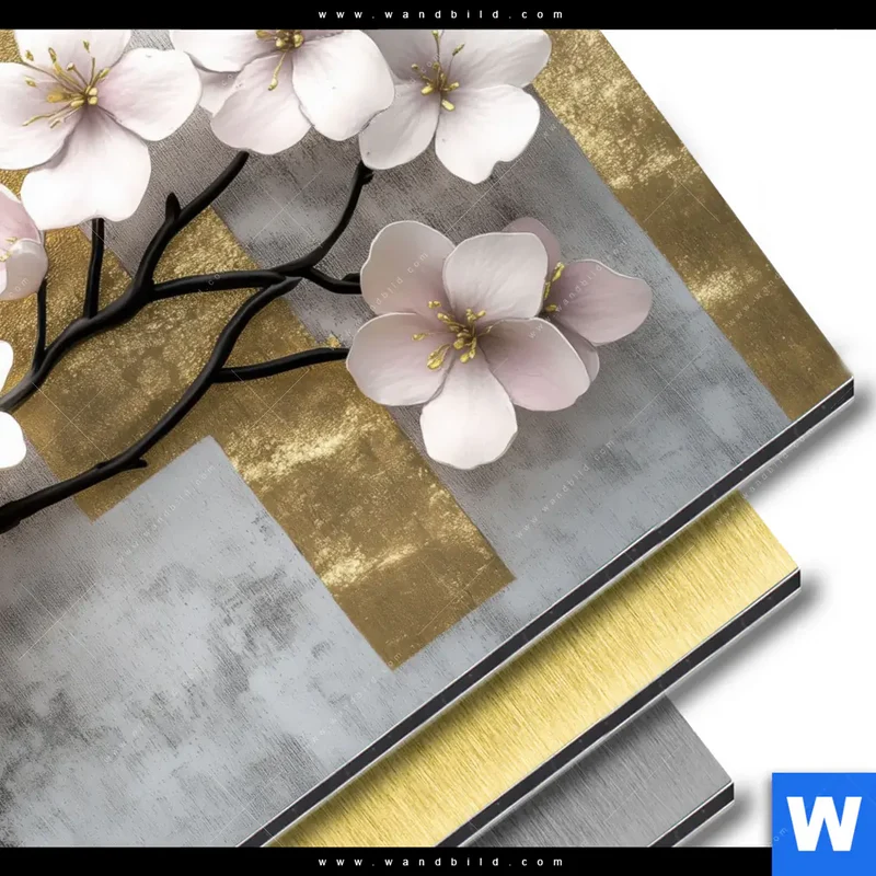 Aluminiumbild gebürstet | Kirschblüten in goldener Harmonie | Rund