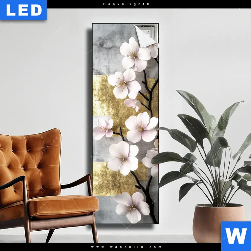 Canvalight® Leuchtbild | Kirschblüten in goldener Harmonie | Schmal