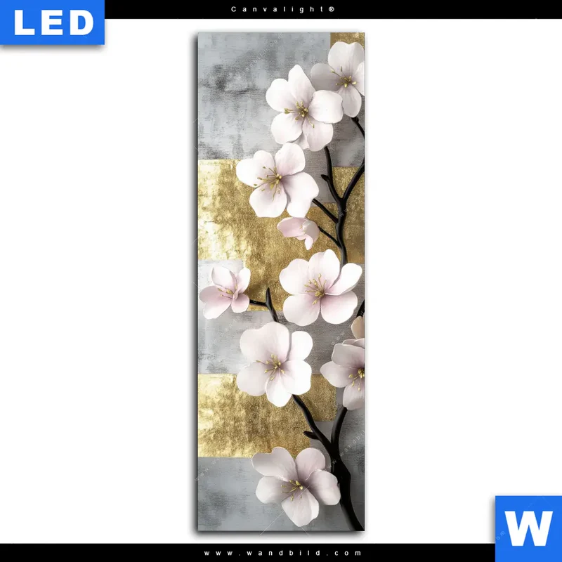 Canvalight® Leuchtbild | Kirschblüten in goldener Harmonie | Schmal