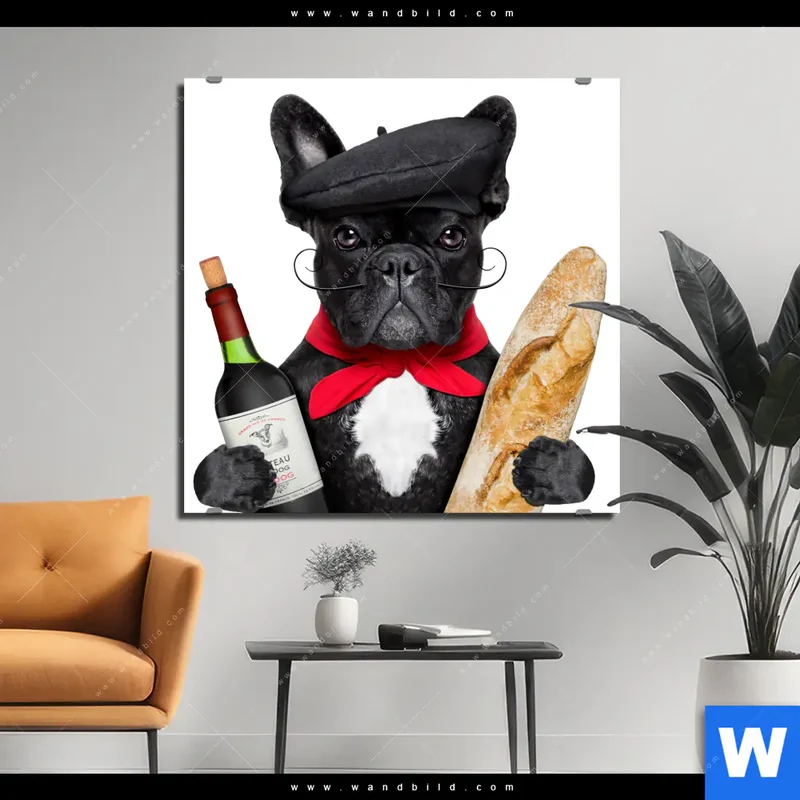 Alu-Dibond Bild | Französischer Bulldoggen-Charme mit Baguette & Wein | Quadrat