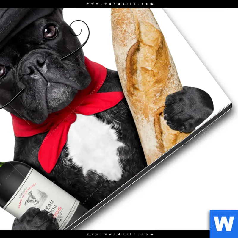 Alu-Dibond Bild | Französischer Bulldoggen-Charme mit Baguette & Wein | Quadrat
