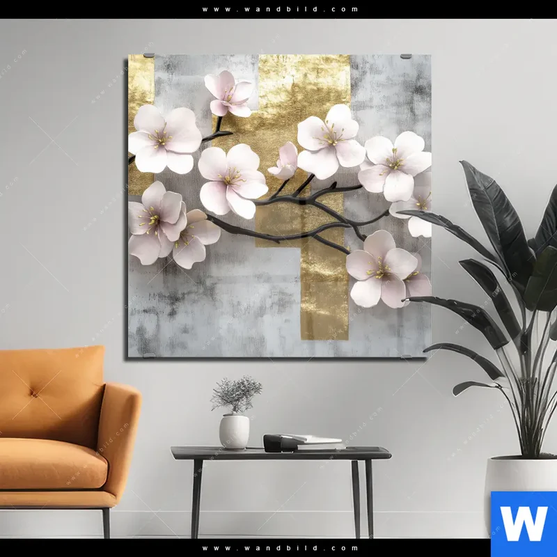 Acrylglasbild | Kirschblüten in goldener Harmonie | Quadrat