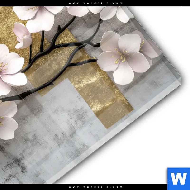 Acrylglasbild | Kirschblüten in goldener Harmonie | Quadrat