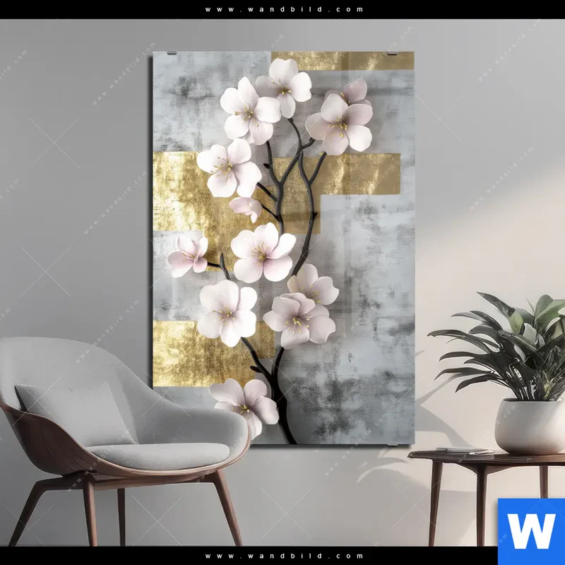 Acrylglasbild | Kirschblüten in goldener Harmonie | Hochformat