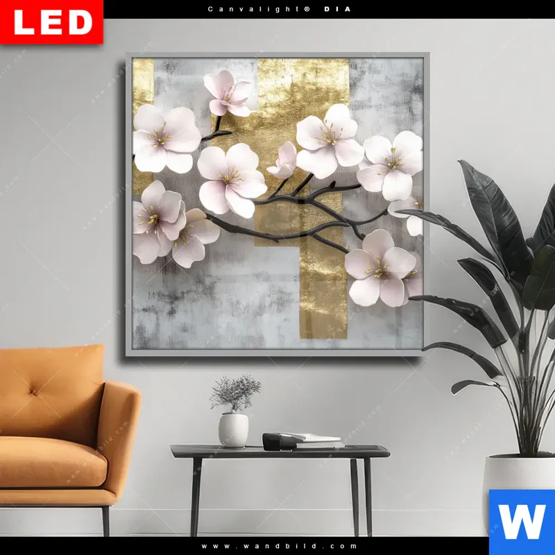 Wechselmotiv Acrylglas Canvalight® DIA | Kirschblüten in goldener Harmonie | Quadrat