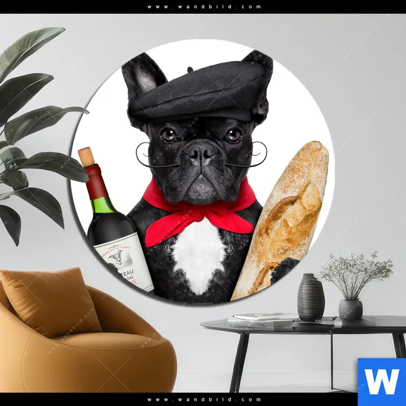 Alu-Dibond Bild | Französischer Bulldoggen-Charme mit Baguette & Wein | Rund