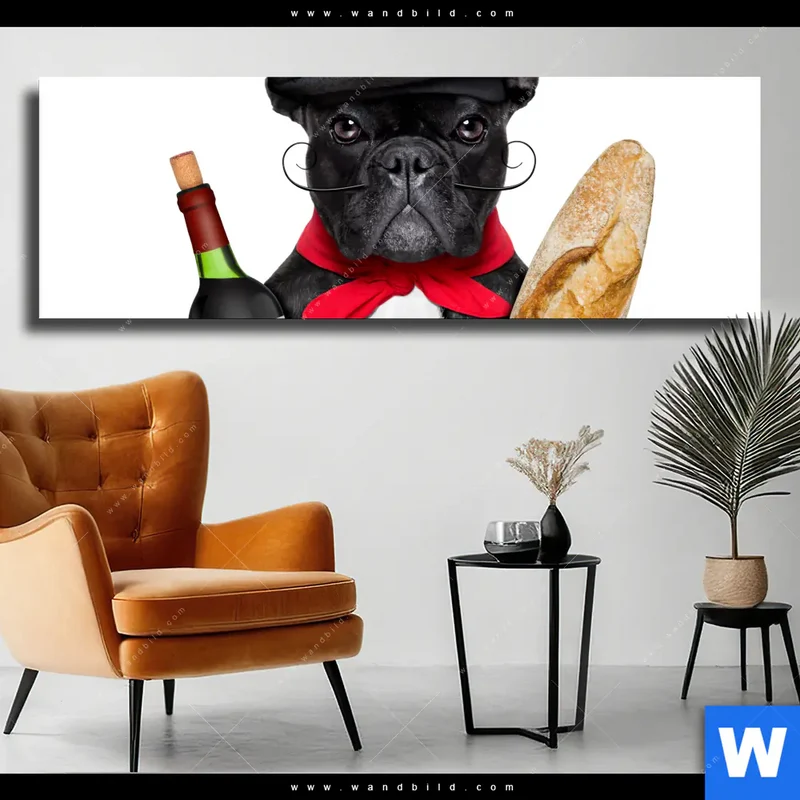 Leinwandbild | Französischer Bulldoggen-Charme mit Baguette & Wein | Panorama