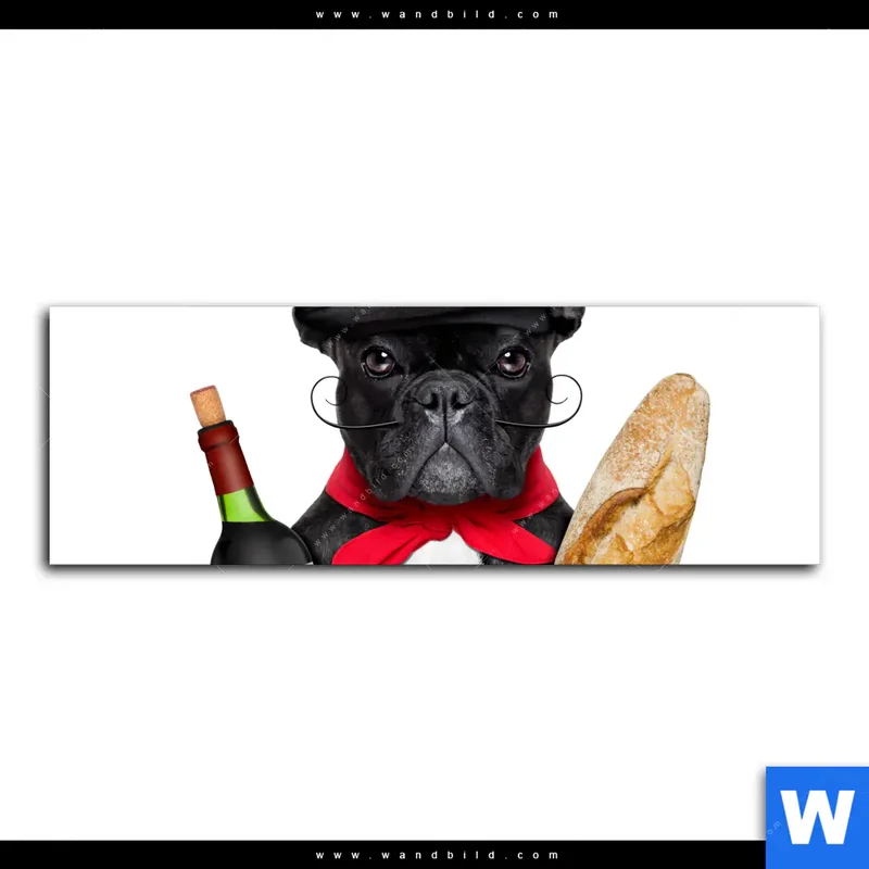 Leinwandbild | Französischer Bulldoggen-Charme mit Baguette & Wein | Panorama
