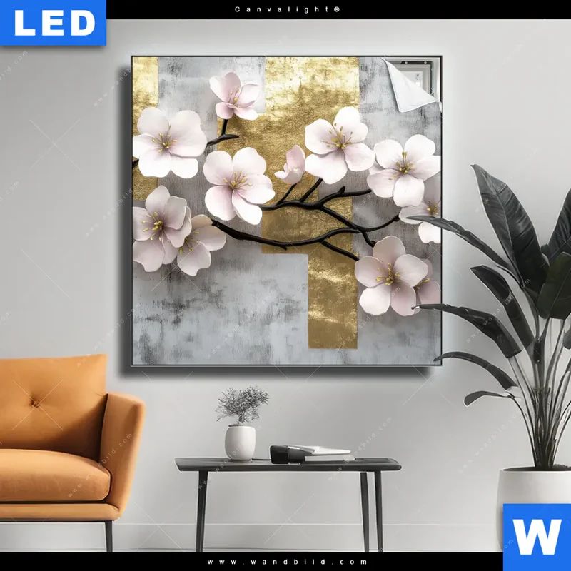 Canvalight® Leuchtbild | Kirschblüten in goldener Harmonie | Quadrat