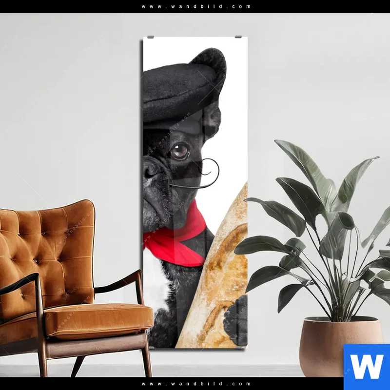 Acrylglasbild | Französischer Bulldoggen-Charme mit Baguette & Wein | Schmal