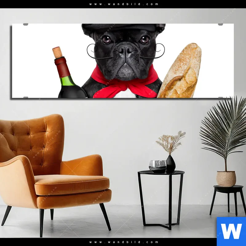 Aluminiumbild gebürstet | Französischer Bulldoggen-Charme mit Baguette & Wein | Panorama